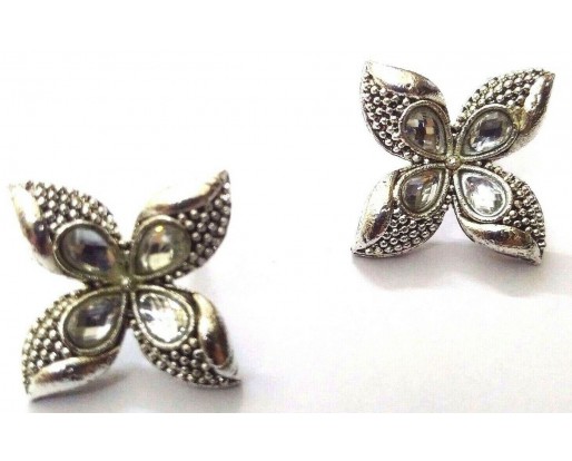 Silver Oxidized Rhinestone Floral Earrings Stud Ethnic Imitation Jewelry - EA8